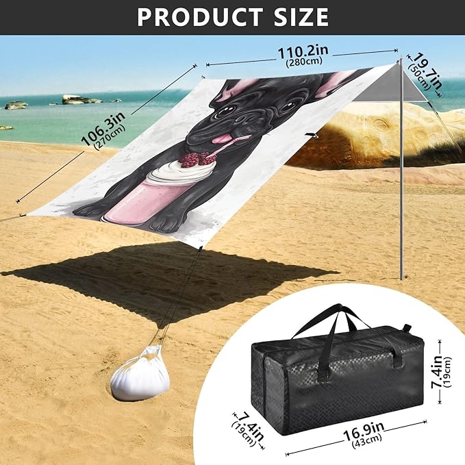 ALAZA Cute Cartoon French Bulldog with Smoothie Beach Tent Sun Shelter Portable Canopy Sunshade for Outdoor Camping Picnics Backyard Fun 10x9 ft