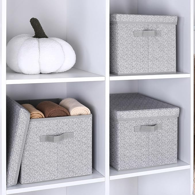 WUIKE Foldable Storage Bins with Lids Storage Boxes with Handles Closet Shelf Organizer Fabric Storage Baskets with Cover for Bedroom 3-Pack Ash Gray Extra Large