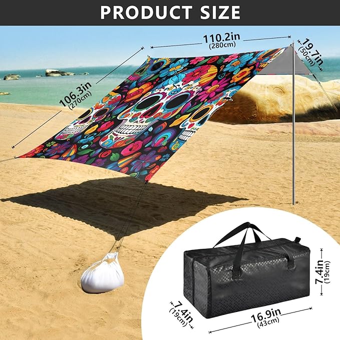 ALAZA Sugar Skull Day of Dead Beach Tent Sun Shelter UPF50+ Protection Beach Shade Canopy w/ 4 Sandbags for Outdoor Camping Fishing Backyard Fun Picnic 10x9 ft