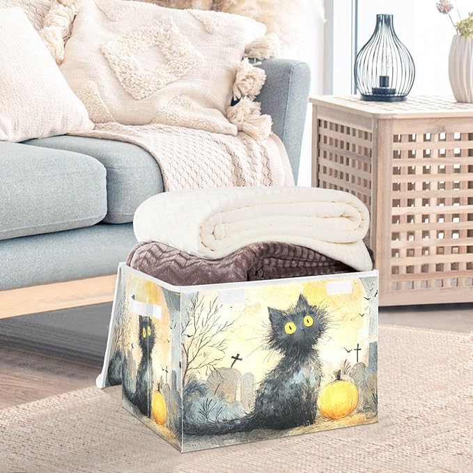 Halloween Cute Cat Storage Box with Lid 1 PC Foldable Storage Bin with Lids Stackable Storage Bins Cube Closet Organizer Basket with Flip-Top Lid &amp Handles for Shoes Books Towels