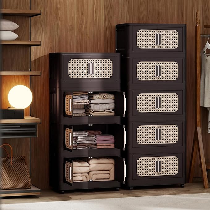 4 Tiers Folding Storage Cabinet20 Side Wide Stackable Storage Bins with Doors and Wheels Space Saving Plastic Cabinet for Living Room Office Dorm Retro Brown