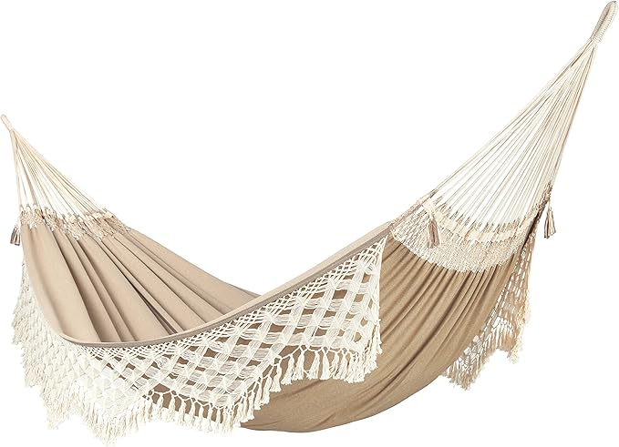 LA SIESTA® Bossanova Organic Cotton Hammock &amp Steel Stand - Indoor Outdoor Hammock with Stand - Handmade in Brazil Boho Hammock - 2 Person Double Hammock Bed for Patio Bedroom - XL King Muscade