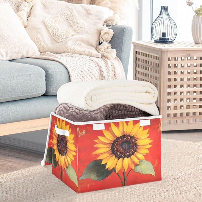 AIXIWAWA Lidded Storage Cube (Vintage Sunflower Red) Fabric Foldable Closet Bins with Flip Lid and Handles Organizer Basket Container 16.5 x 12.6 x 11.8 IN
