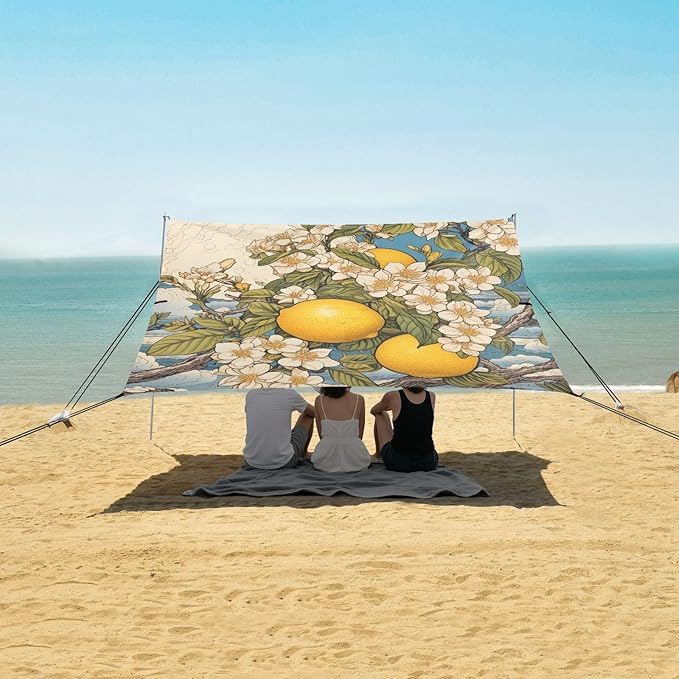 ALAZA Lemon Floral Moon Wave Beach Tent Sun Shelter Portable Canopy Sunshade for Outdoor Camping Picnics Backyard Fun 10x9 ft