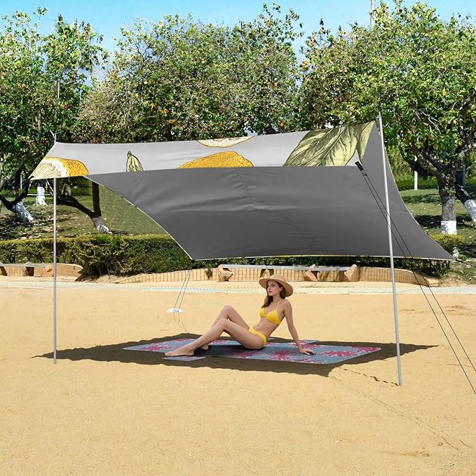 ALAZA Lemons Gray Background Pattern Beach Tent Sun Shelter Portable Canopy Sunshade for Outdoor Camping Picnics Backyard Fun 10x9 ft