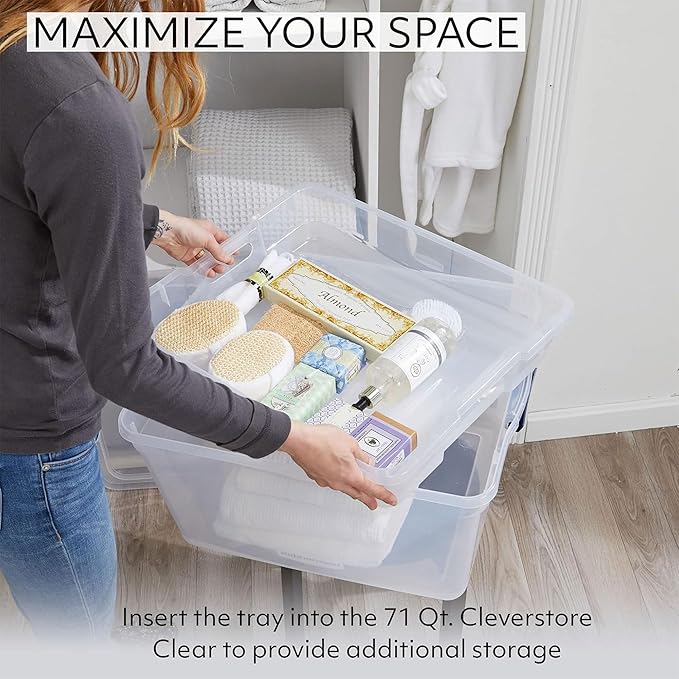 Rubbermaid Cleverstore 74 Qt Clear Storage Bins with Lids and Nesting Tray 4-Pack Stackable BPA-Free Made in USA