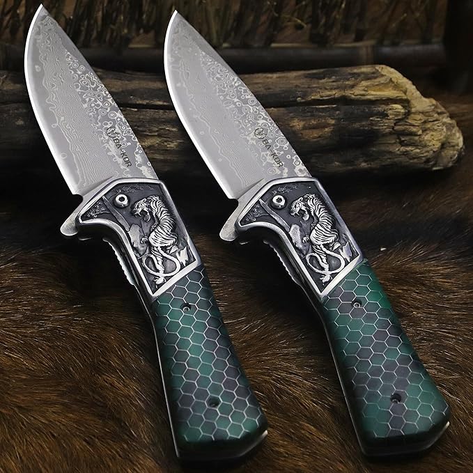 BA-KOR B21A Devil Tiger (XL) 248mm Damascus pocket knife featuring stainless steel and resin aluminum honeycomb-pattern handle &amp(5.9IN) cerium igniter suitable for both men and women as a campin