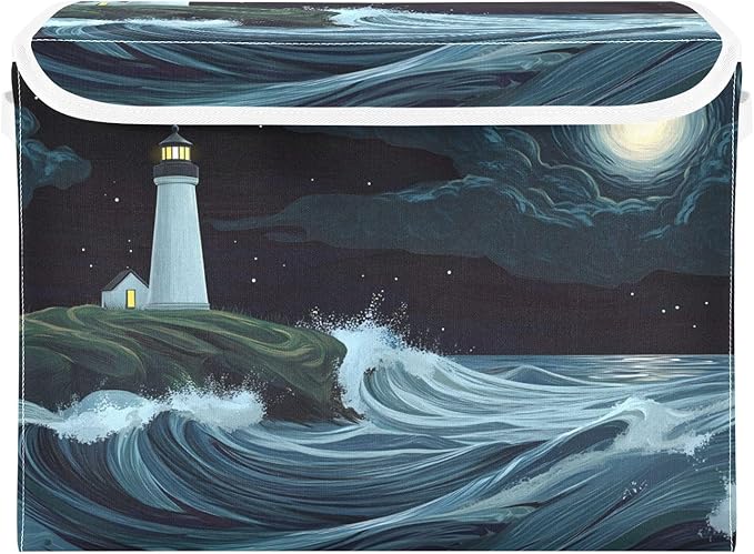 Storage Cube with Lid Cartoon Lighthouse Print 16.5×12.6×11.8 IN 1 Pack Collapsible Large Capacity Foldable Storage Basket Bin Organizer