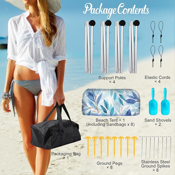 Rhino Valley Beach Tent Shade Canopy UPF50+ Protection 8 Sandbags 4 Stability Poles Outdoor Sun Shelter Umbrella for Sand Camping Fishing Essentials