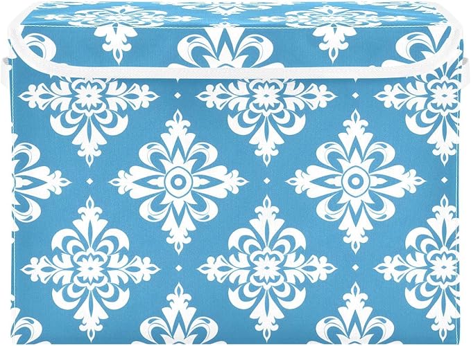 MNSRUU Containers Baskets with Lids Blue and White Floral Ornament Pattern Fabric Foldable Storage Bins Organizer with Lid Collapsible Storage Boxes for Home Bedroom Closet Office
