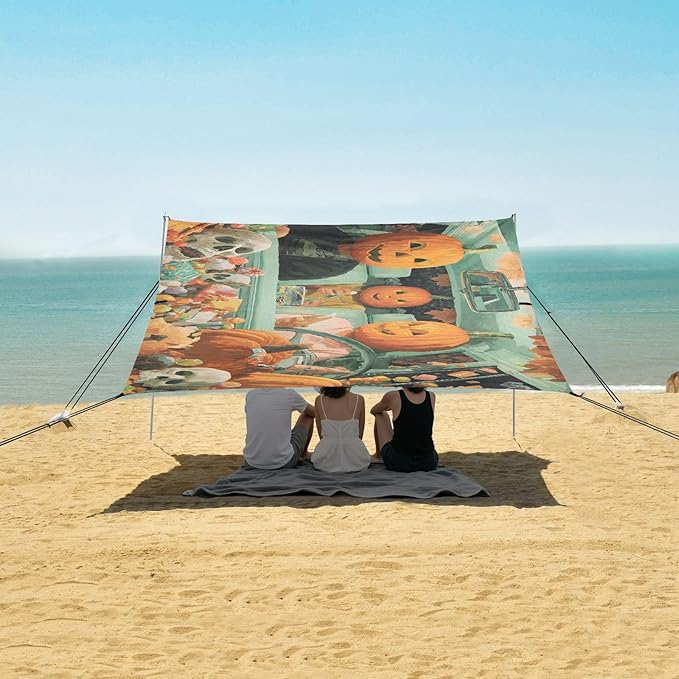 ALAZA Halloween Pumpkinhead Driving Funny Beach Tent Sun Shelter UPF50+ Protection Beach Shade Canopy w/ 4 Sandbags for Outdoor Camping Fishing Backyard Fun Picnic 10x9 ft