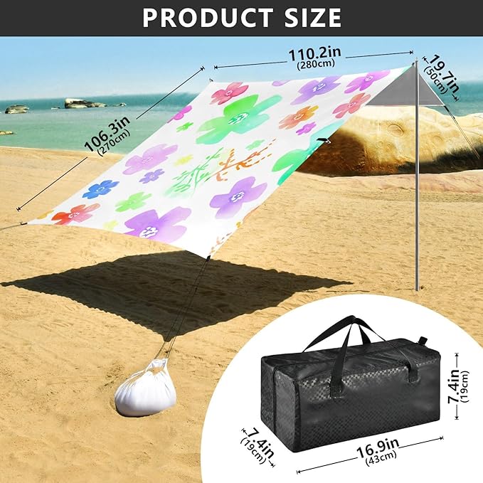 Beach Canopy with Windproof Ropes &amp Sandbags Beach Tent Sun Shade Sun Shelter for Camping Trips Fishing Backyard Fun or Picnics Wildflowers