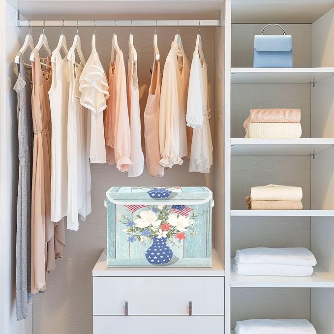 Wood Grain Flowers 4th July Storage Box with Lid 1 PC Foldable Storage Bin with Lids Stackable Storage Bins Cube Closet Organizer Basket with Flip-Top Lid &amp Handles for Shoes Books Towels
