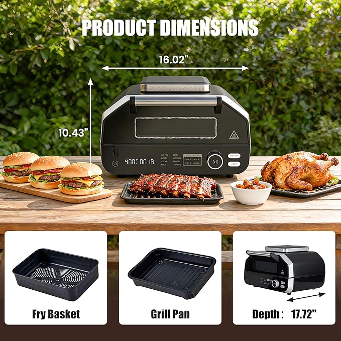 OLIXIS Electric Grill Outdoor/Indoor 8-in-1 Multifunctional Large Electric BBQ Grill for Air Fry Bake Roast Steak Broil and Dehydrate Safe Non-Stick Coating Fry Basket Included