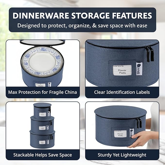 China Storage Hard Shell Containers 5-Piece Set Moving Boxes for Dinnerware Glasses Plates Mugs and Saucers Sturdy Dish Organizer with Dividers for Seasonal Storage - Service for 12 - Denim Blue