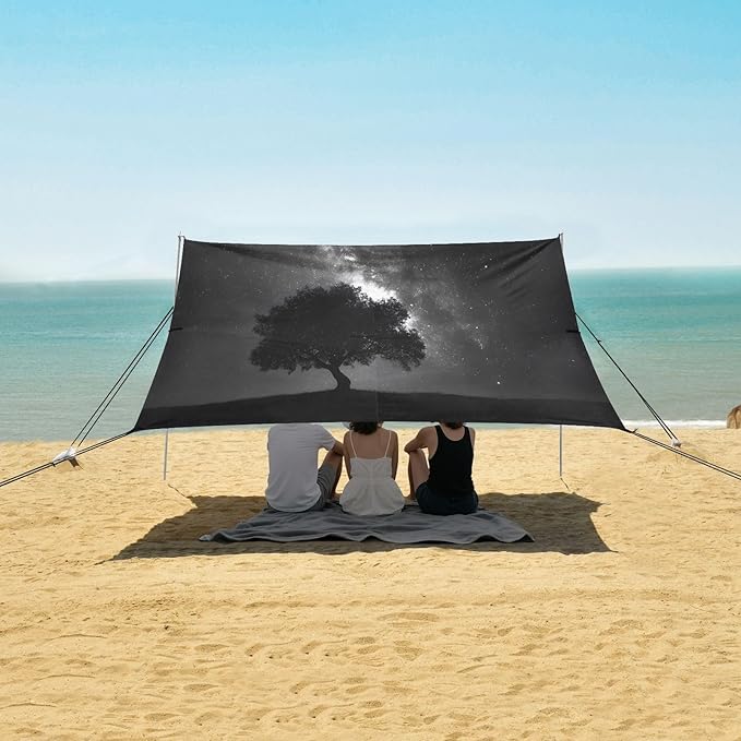Galaxy Night Tree Beach Tent Sun Shelter Set UPF50+ UV Protection 10.5 x 9.19 FT Camping Shade Canopy with Sandbags Sand Anchors Carrying Bag and Others