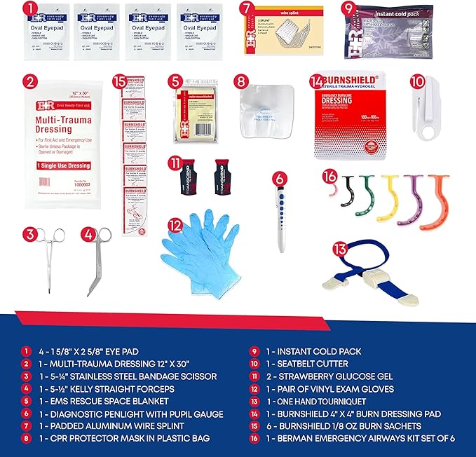 First Responder Trauma First Aid Kit Bag – Fully Stocked Emergency Medical Kit for Workplace Vehicle &amp Home – OSHA &amp ANSI Compliant – Portable – Blue