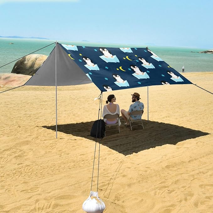 Beach Canopy with Windproof Ropes &amp Sandbags Beach Tent Sun Shade Sun Shelter for Camping Trips Fishing Backyard Fun or Picnics Penguins