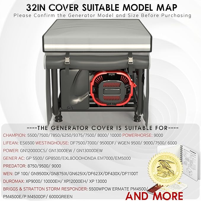 Generator Covers While Running 32x24x24 Inches Generator Covers for Outside Heavy Duty Dustproof/Waterproof 1680+400D Double Layer for 5000W-10000W Frame Generators Grey