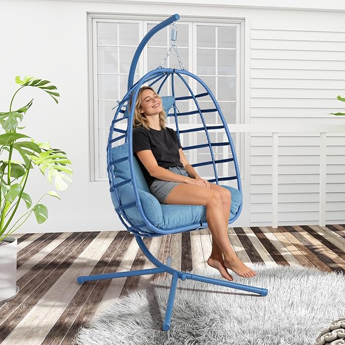 Hanging Egg Chair with Stand Outdoor Indoor Patio Rattan Swing Hammock Chairs with Washable Cushion 350lbs Capacity PE Wicker Swing Chair for Backyard Bedroom Garden (Blue + Blue Cushion)