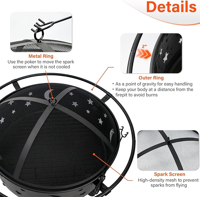 32 Inch Fire Pit Outdoor Fireplace 2 in 1 Metal Round Firepit for Outside Bonfire Party BBQ Camping Backyard Patio Garden Picnic w/Fire Poker Spark Screen Grate Cover (Moon&ampStar)