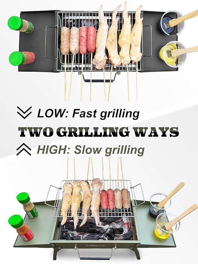Charmline 15x11 inches Portable Charcoal Grill Compact Portable BBQ Grill Tabletop Charcoal Grills for Camping Picnics Gardens and Beach Parties Black