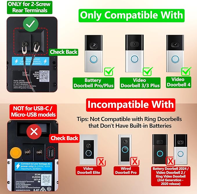 Solar Charger for Ring Doorbell with Built-in Energy Storage – Solar Panel Compatible with Ring Battery Doorbell Plus/Pro and Video Doorbell 3/3 Plus/4 Weatherproof Continuous Charging