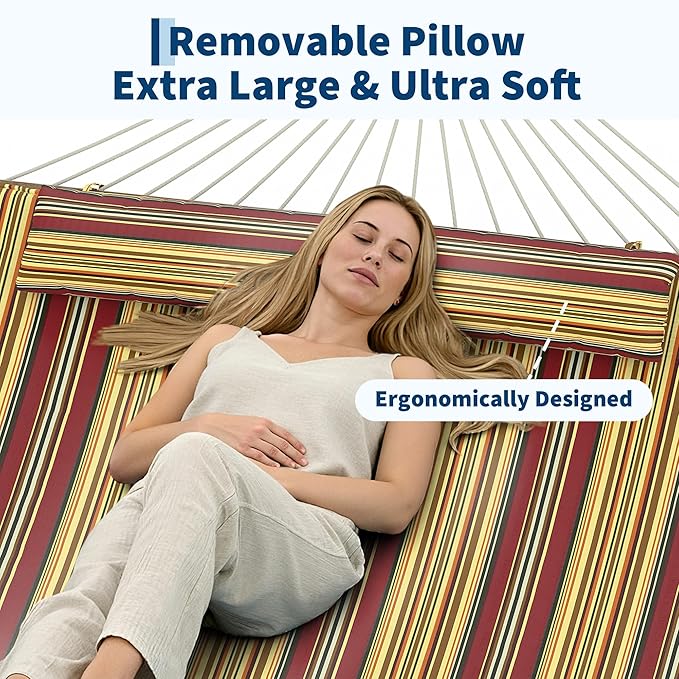 2 Person 12FT Hammocks for Outside Double Quilted Fabric Outdoor Hammock with Spreader Bar Large Removable Pillow Storage Pockets Carabiners Max 450 Lbs Capacity
