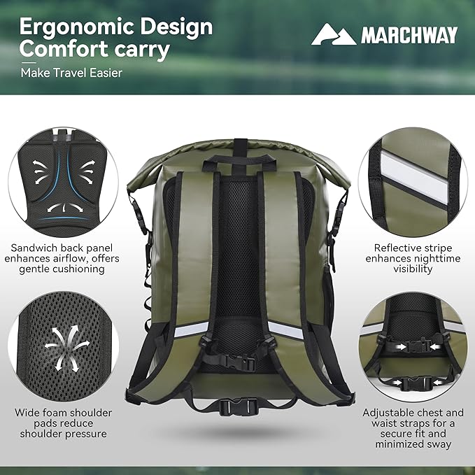 MARCHWAY Roll Top Waterproof Backpack Floating Dry Bag 20L/30L/45L with Ergonomic Rectangular Base Cushioned Back Hip Strap for Hiking Camping Kayaking Travel (Army Green 30L)