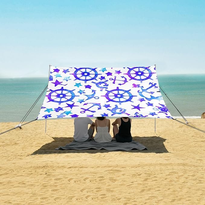 xigua Nautical Elements Beach Tent Sun Shelter with Carrying Bag - Silver Coated Oxford Fabric Beach Canopy for Beach Camping Fishing - Includes Windproof Ropes Sandbags &amp Stakes