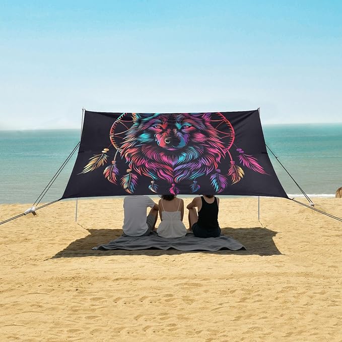 ALAZA Dreamcatcher Wolf Portrait Beach Tent Sun Shelter UPF50+ Protection Beach Shade Canopy w/ 4 Sandbags for Outdoor Camping Fishing Backyard Fun Picnic 10x9 ft