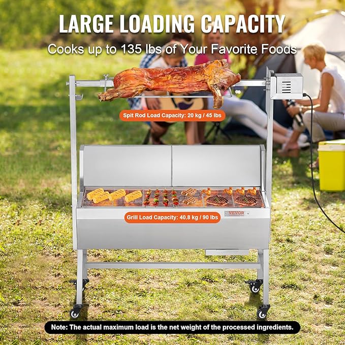 VEVOR Rotisserie Grill with Windscreen BBQ Whole Pig Lamb Goat Charcoal Spit Grill 35 Inch 90 Lbs Capacity Electric 42W Motor Stainless Steel Roaster with Lockable Wheels for Camping Outdoor