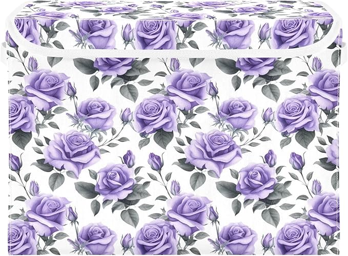 senya Flower Baskets Collapsible Storage Bins with Lids Romantic Purple Roses Storage Boxes Clothes Baskets for Organizing B06D22020