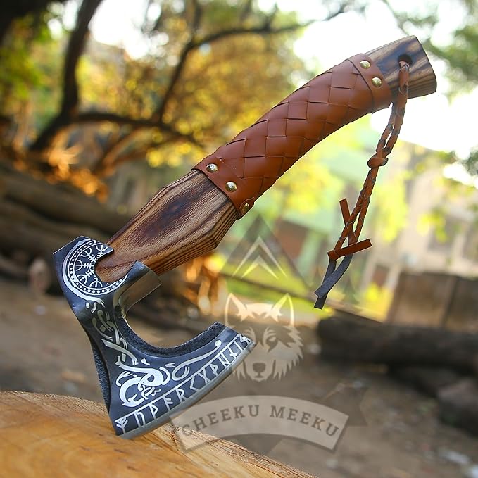 Custom Handmade Carbon Steel Real Viking Axe HatchetCamping Axe Birthday Gift for him Leather Wrapped Handle and Leather Sheath ((FM 20))