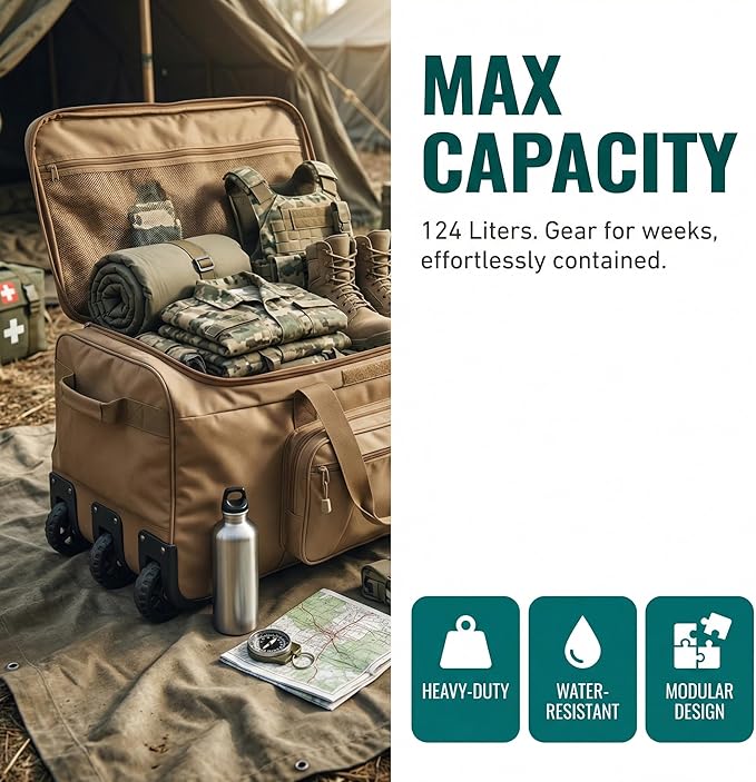 Military Wheeled Deployment Bag Large Tactical Heavy Duty Duffel Bag for Camping Hiking (Tan)
