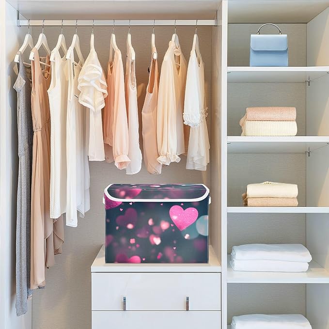 senya Valentines Baskets Collapsible Storage Bins with Lids Love Hearts Romantic Storage Boxes Clothes Baskets for Organizing