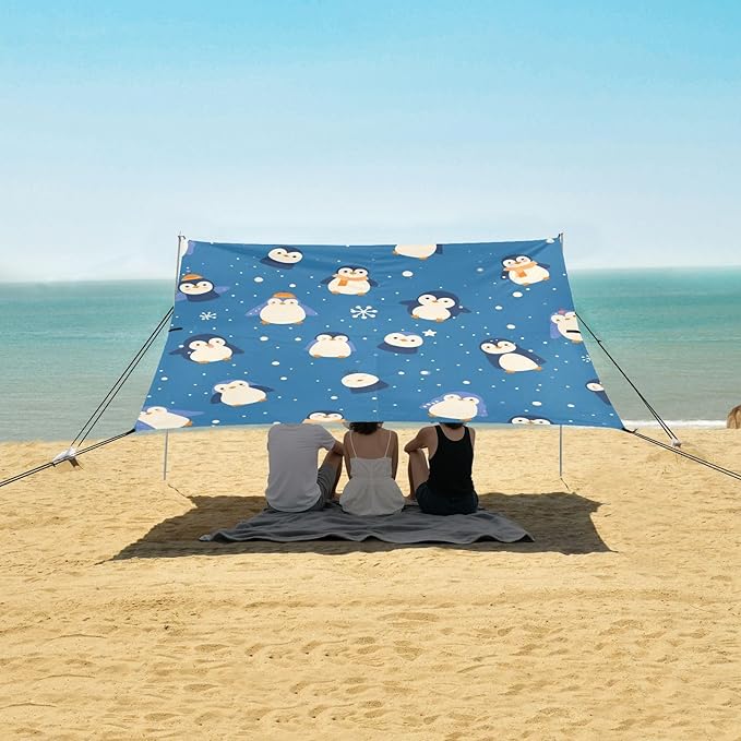 Seamless Pattern Penguins Cobalt Beach Tent UPF50+ Easy Setup Shade Sun Shelter with Sand Shovel for Camping Picnics Backyard