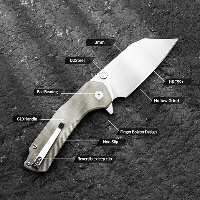 ioko Folding Pocket Knife 3.5-Inch D2 Steel Blade G10 Handle EDC Camping Survival Knife with Clip (Brown)