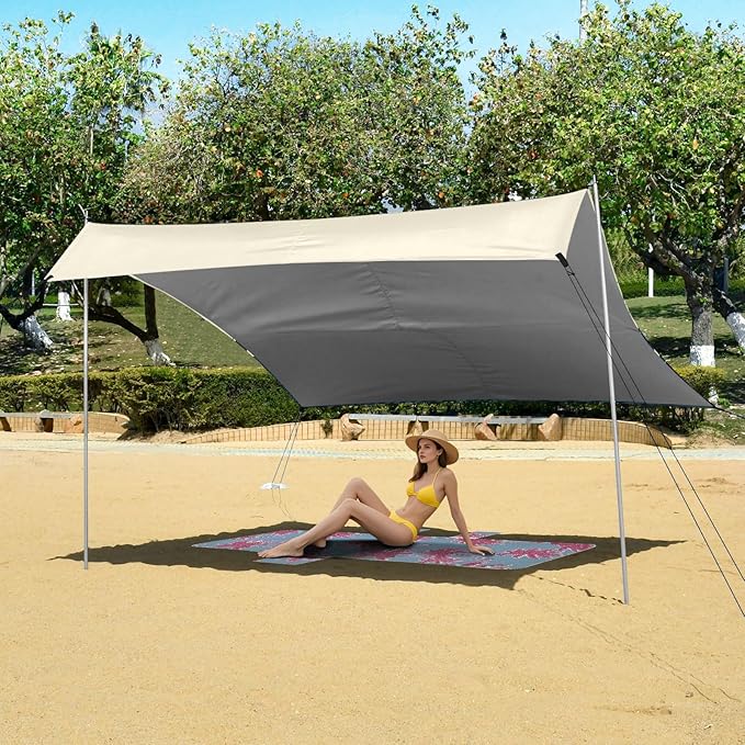 Beach Canopy with Windproof Ropes &amp Sandbags Beach Tent Sun Shade Sun Shelter for Camping Trips Fishing Backyard Fun or Picnics Waves