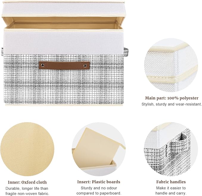 TYEERS Collapsible Storage Bins with Lids Patchwork Design Washable Fabric Storage Boxes 14.9x9.8x9.8 inches 3 Pack Gray