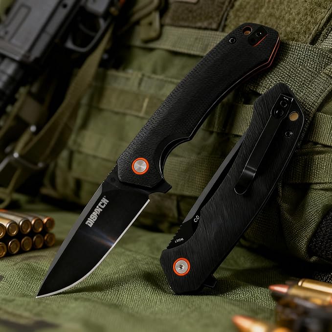 DISPATCH Black EDC Folding Knife with 3.3'' D2 Steel Blade Flipper Pocket Knife for Men Gifts Ball Bearing Liner Lock CNC G10 Handle and Reversible Clip for Tactical Camping Hiking and Everyday C