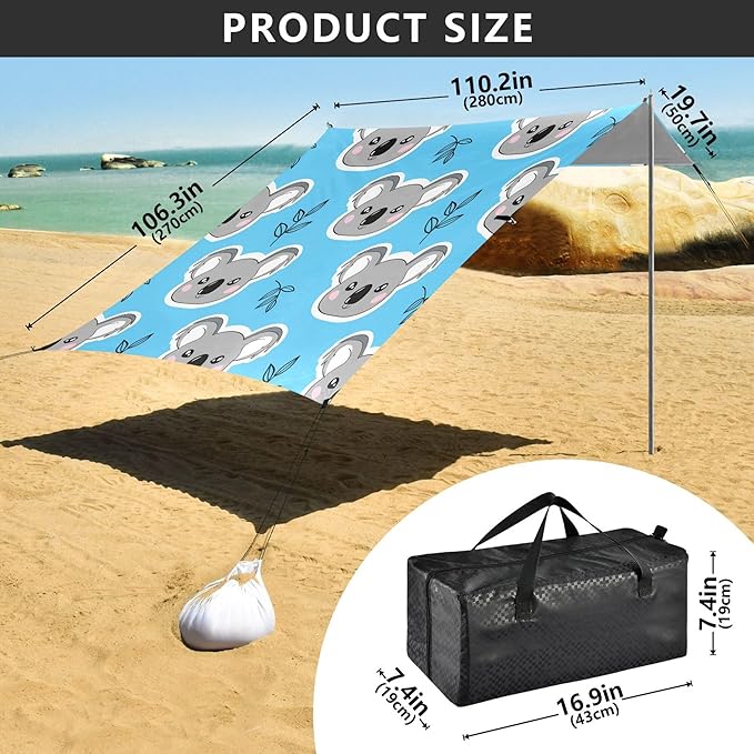 Koalas Beach Canopy Sun Shelter with Sandbags &amp Sand Shovel &amp Windproof Ropes - Portable 110x126 Beach Shade Beach Tent for Camping Picnics