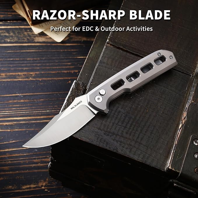 Small EDC Pocket Knife for Men &amp Women - 3 Trailing Point D2 Blade Titanium Handle with Button Lock &amp Pocket Clip | Small Slim Cool Folding Knife for Daily Carry Camping Hiking &amp Outdoo