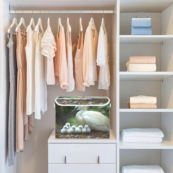AIXIWAWA Lidded Storage Cube (White Bird Family) Fabric Foldable Closet Bins with Flip Lid and Handles Organizer Basket Container 16.5 x 12.6 x 11.8 IN