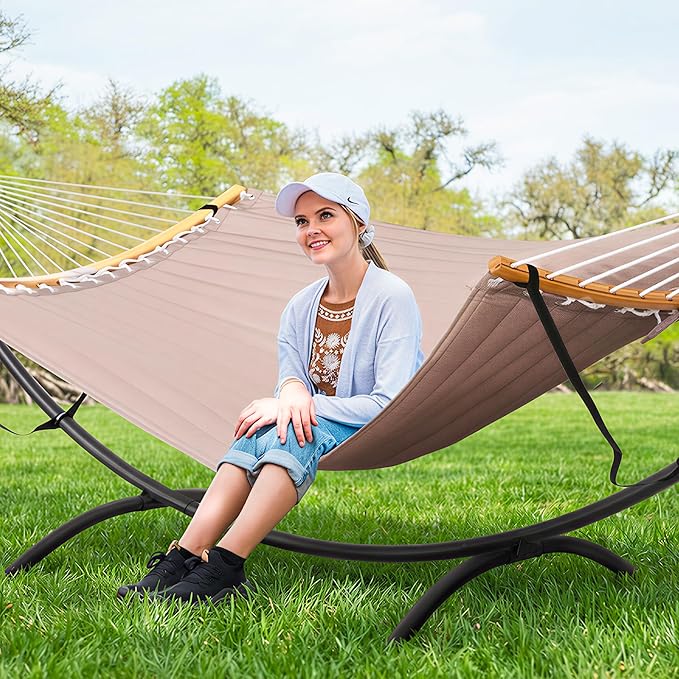 SUNCREAT Portable Double Hammock with Stand Outdoor Standing 2 Person Hammock Combo Patent Pending Tan