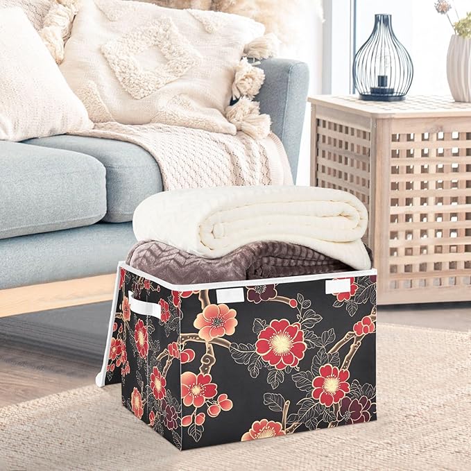 Storage Cube with Lid Chinese Flowers Print 16.5×12.6×11.8 IN 1 Pack Collapsible Large Capacity Foldable Storage Basket Bin Organizer
