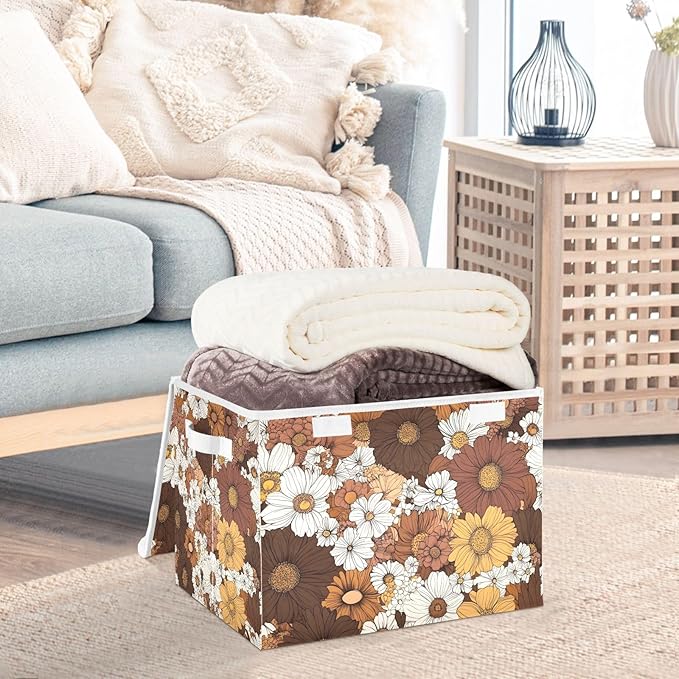 Boho Florals Storage Cube Bins Basket with Lid Collapsible Flip-top Fabric with Handle for Home Bedroom Closet Office 16.5×12.6×11.8 in