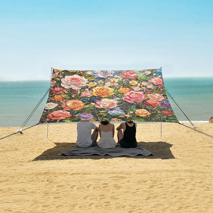 ALAZA Rose Flowers Painting Beach Tent Sun Shelter UPF50+ Protection Beach Shade Canopy w/ 4 Sandbags for Outdoor Camping Fishing Backyard Fun Picnic 10x9 ft