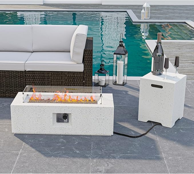 HOMPUS Outdoor Propane Fire Pit 50000 BTU 42-inch x 17-inch Rectangle Concrete Gas Fire Table Outside Smokeless Firepit with Tank CoverWind GuradLava Rocks and Rain Cover for GardenDeckBackyard