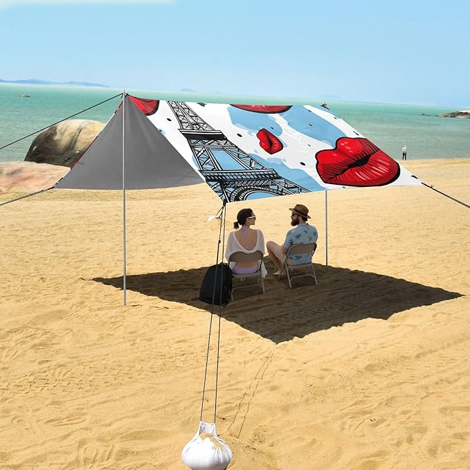 ALAZA Paris Eiffel Tower Red Lips Beach Tent Sun Shelter Portable Canopy Sunshade for Outdoor Camping Picnics Backyard Fun 10x9 ft